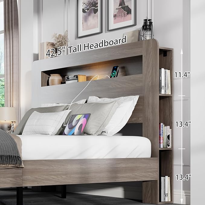 Queen Size Wooden Bed Frame with Bookcace Storage Headboard, Rustic Farmhouse Bedframe with LED Lights and Charging Station, Sturdy and Stable, Slat Support, No Box Spring Required (Light Brown)