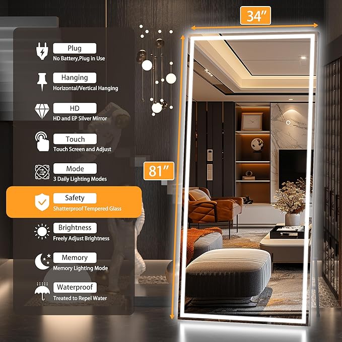 Hasipu Full Length Mirror with Lights, 81" x 34" LED Lighted Floor Standing Mirror, Full Body Dressing Hanging Mounted Mirrors, Dimmable, Tempered Glass, Safe to Use, Square Black