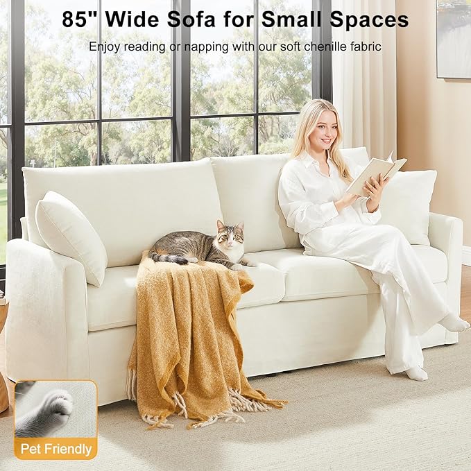 85" Chenille Sofa Couches for Living Room, 3 Seater Sofa with 2 Pillows, Modern Couches Tool-Free Setup, Comfy Oversized Loveseat with Medium Firm Cushions for Small Spaces, Apartment