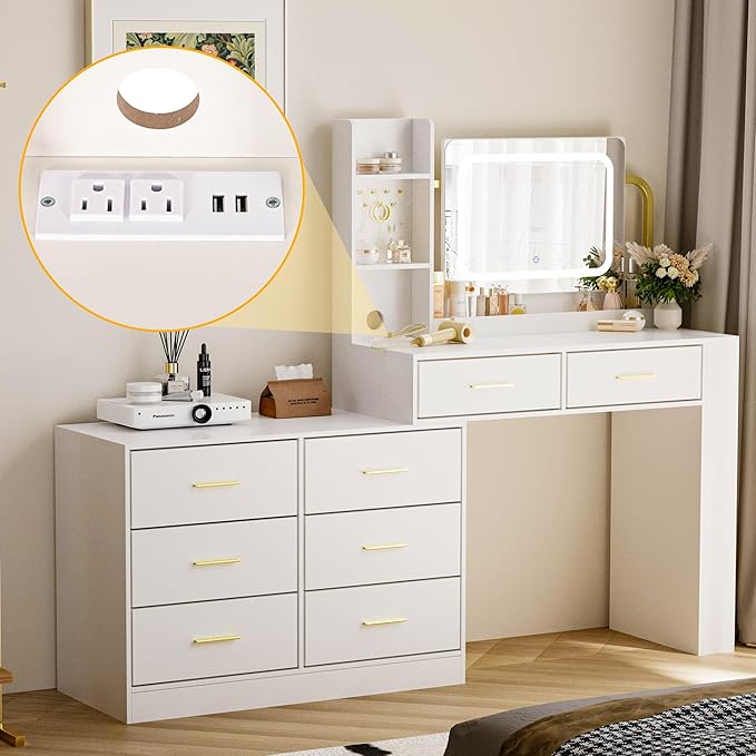 Pamapic 8 Drawers Vanity Desk with Mirror and Lights,Makeup Vanity with Power Outlet, 15 Storage Dresser with Mirror, Adjustable Width, Golden Handles Dressing Table, White