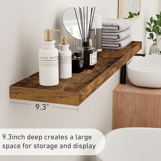 Fun Memories 36 Inch Floating Shelves - Rustic Wooden Wall Shelves - Wall Mounted Storage Shelf with Invisible Brackets - Extra Deeper & Thicker for Living Room, 36" W x 9.3" D x 1.5" H - Rustic Brown