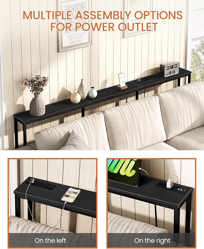 78.7" Narrow Console Table with Power Outlet 7.1" Skinny Sofa Long Behind Couch Table with Charging Station for Hallway, Living Room Black TXG20UBB