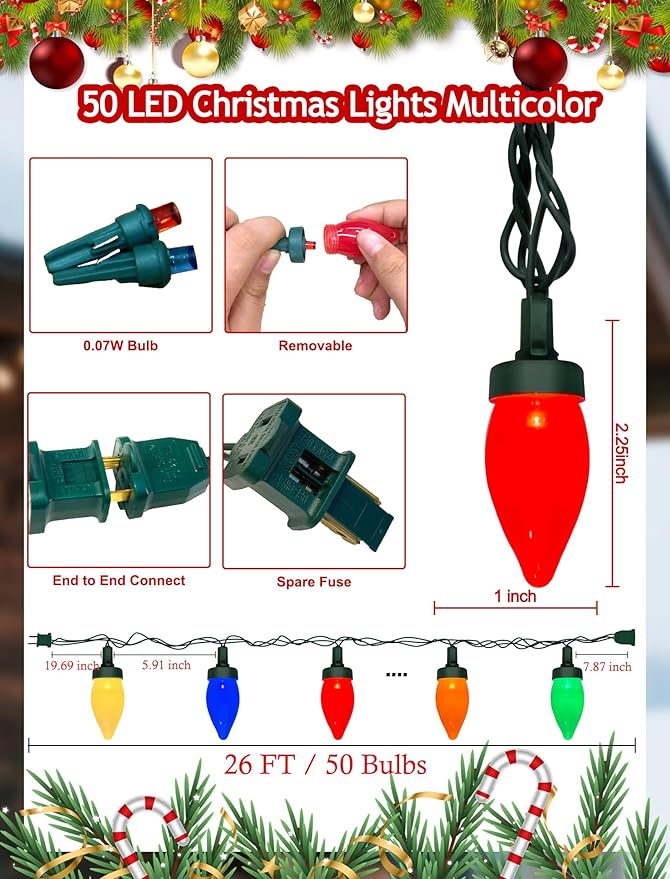 C7 LED Christmas String Lights,26FT Outdoor Christmas Lights with 50 LED Xmas Colorful Warm White Bulbs,Vintage Xmas Lights Outdoor Decorate Tree/Garden/Party/Room
