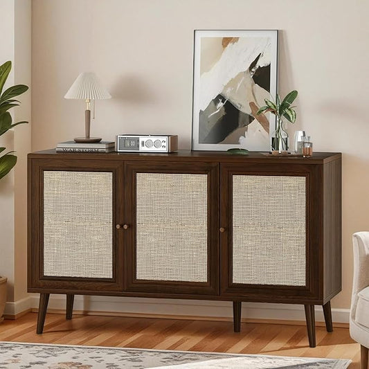 47" Rattan-Door Sideboard Cabinet with Shelf, 3-Door TV Stand Credenza Buffet with Generous Storage, Modern Accent Cabinet for Living Room & Kitchen, Walnut