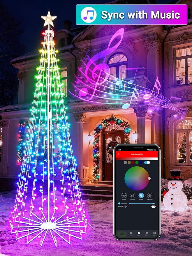 Flacchi 8.8 FT Smart Christmas Tree Lights - Star Tree Topper with Removable Bracket, App Control, Sync with Music, Waterfall Colored Lights for Indoor Outdoor Xmas Decorations (8.8FT/ String Lights)