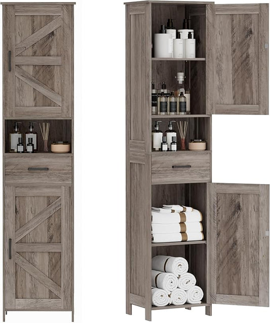 Homhedy 67" H Tall Bathroom Storage Cabinet with 2 Barn Doors and 1 Drawer, Narrow Storage Unit, Adjustable Shelves, Floor Cabinet for Bathroom, Living Room, Entryway, Kitchen, Greige, (15.7" W)