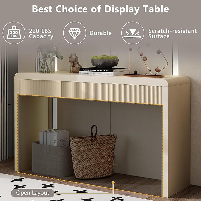 55”Curved Rustic Console Table with 3 Fluted Drawers,Solid Wood Veneer Entry Table Foyer Hallway Table, Narrow Sofa Table Natural Wood Grain for Living Room, Hallway (Oak)