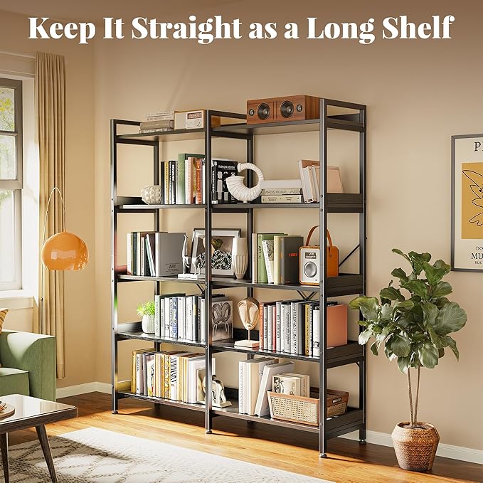 Huuger 5 Tier Bookshelf, Display Bookshelf with 10 Open Shelves and Raised Baffle, 47.2 Inch Straight Wide Bookcase with Metal Frame and Wooden Board, Adjustable Feet, Black