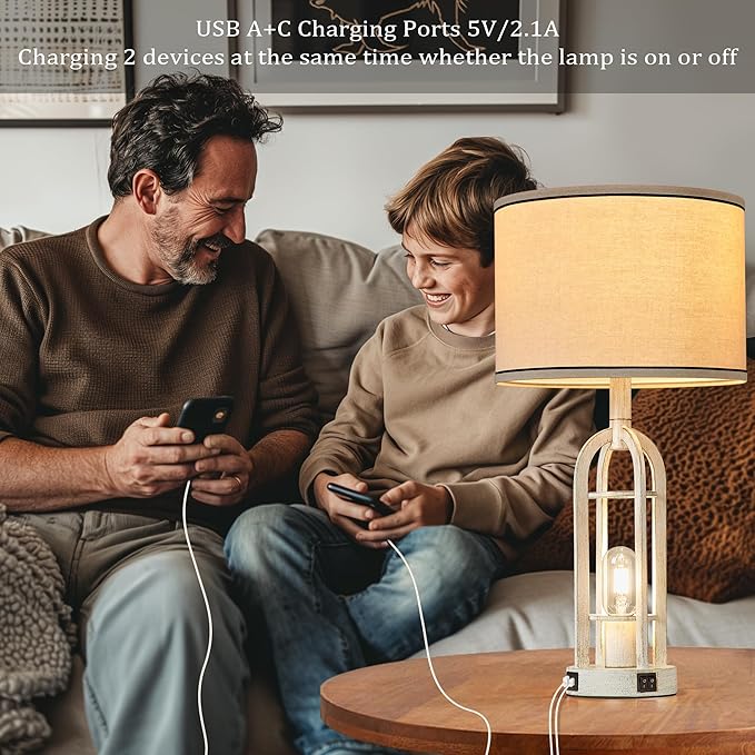 Farmhouse Table Lamps for Living Room Set of 2 - Rustic Industrial Lamps for Night Stands with Night Light & USB A+C, 24" Vintage Bedside Lamp for Bedroom, Bulbs Included