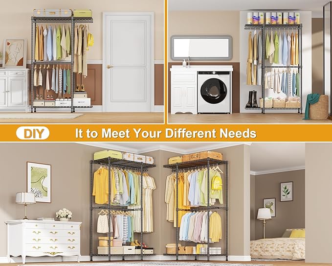 E14 Heavy Duty Clothes Rack，Freestanding Clothing Racks for Hanging Clothes，Adjustable Closet Organizers and Storage，Metal Garment Rack with Shelves 69" W x16 D x77 H，Max Load 960LBS，Grey