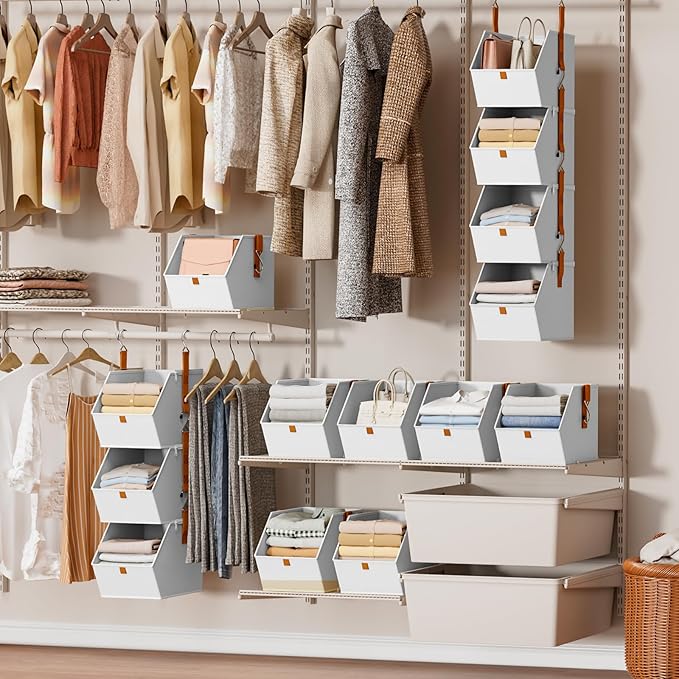 Hanging Closet Organizer 4 Tier - Clothes Hanging Shelves, Space-Saving Closet System, Fabric Storage Bins Bedroom Organization, Collapsible Baskets for Home, Dorm, Rv, White