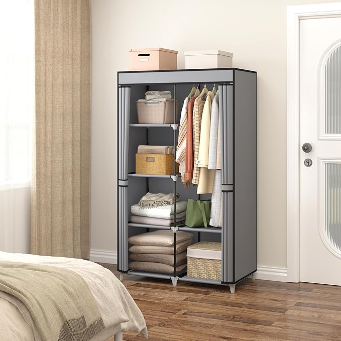 35 Inch Portable Wardrobe Closet for Small Room, Clothing Organizer Storage Rack with Non-Woven Fabric Cover, 1 Clothes Hanging Rod, 6 Storage Shelves, Grey