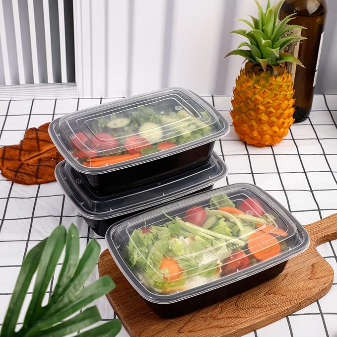 LIYH 100 Pack (200 Pcs) 32 Oz Meal Prep Food Storage Containers Black 1 Compartment Food Containers with Lids Lunch Boxes Plastic Bento Box Reusable Microwaveable Dishwasher Safe