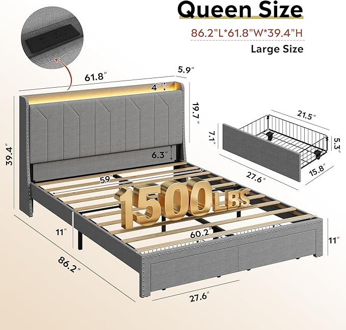 WLIVE Queen Size Upholstered Bed Frame with 2 Drawers, Linen Tufted Storage Headboard with Charging Ports and LED Light, Sturdy Metal & Wooden Slats Support, No Box Spring Needed, Light Grey