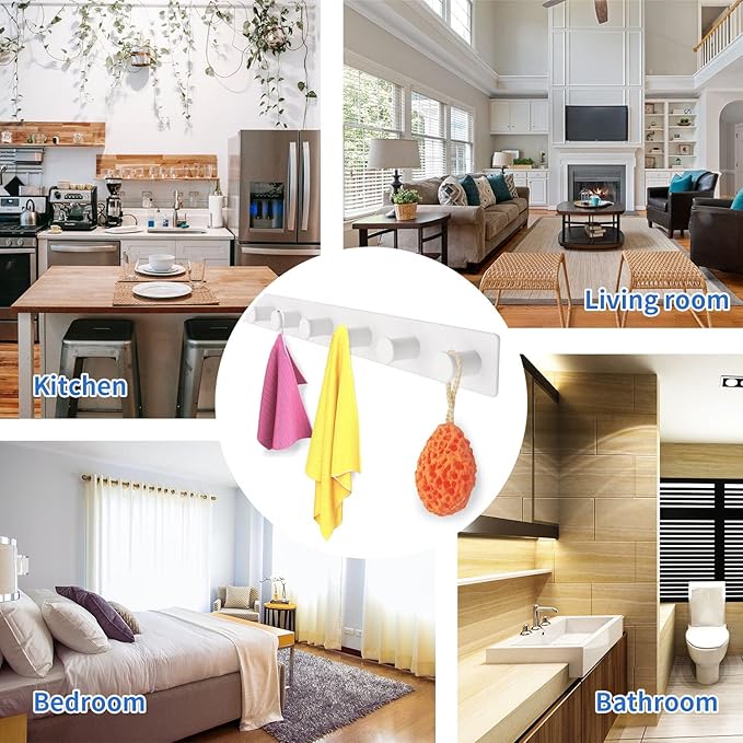 Coat Rack Wall Mount, White Coat Hooks Screw in, Stainless Steel Door Hooks for Hanging Hat Towels Clothes, Hook Rail with 8 Round Hangers (White, 8 Hooks)