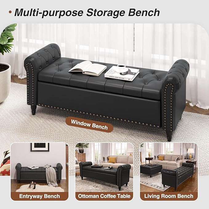 65 Inch Bedroom Bench, End of Bed Bench with Storage, Bed Benches for Foot of Bed, Faux Leather Window Bench with Tufted Button and Nailhead Trim, Upholstered Storage Bench with Rolled Arms, Black