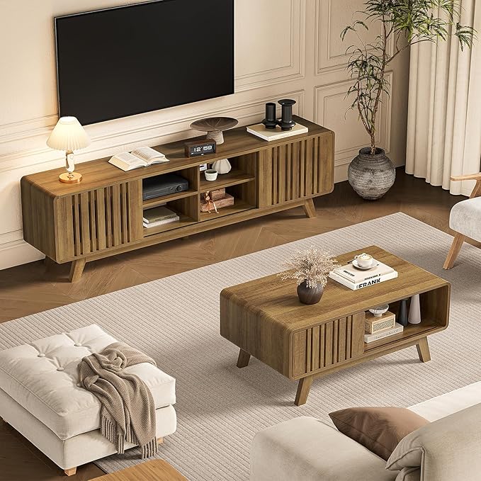 ONBRILL Coffee Table, Mid Century Modern Table with Storage Compartment, Fluted Table with Sliding Cabinet Door, Farmhouse Wood Coffee Table for Living Room (Natural)