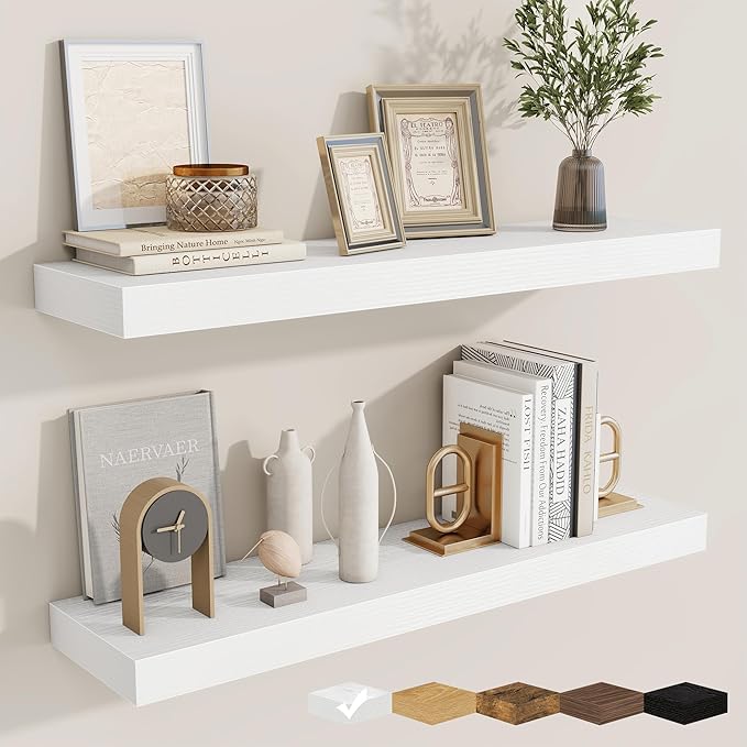 fuqing Floating Shelves for Wall, Wall Mounted Wood Floating Shelf with Invisible Brackets for Living Room, Bathroom, Bedroom, Kitchen Storage and Decor, 32 Inch Set of 2, White