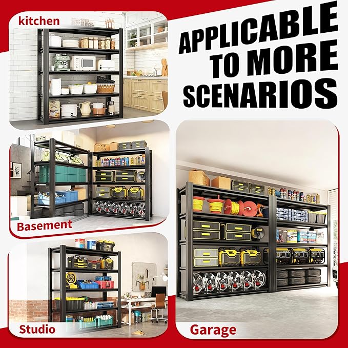 78" H Garage Shelving, Metal Storage Shelves, 3000LBS Heavy Duty Shelving, Adjustable 5 Tier Storage Rack, Industrial Utility Shelf for Garage, Warehouse, Kitchen,18" D×47.5" W×78" H, Black