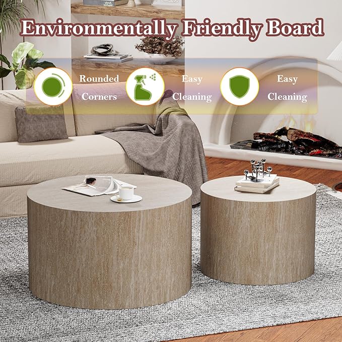 Round Travertine Coffee Table Set of 2 Modern Stripe Circle Nesting Side Tables No Assembly for Living Room Balcony Yard (E-26.77+19.7in)
