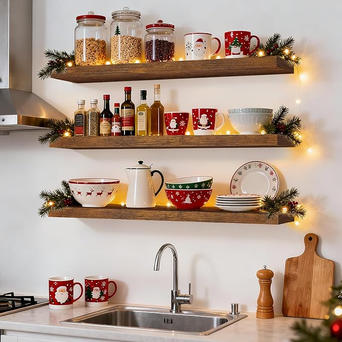 BAYKA Floating Shelves for Wall, 36 inches Wall Mounted Wood Shelves for Bathroom, Bedroom, Living Room, for Storage/Decor with 30lbs Capacity - Rustic Brown,Set of 3