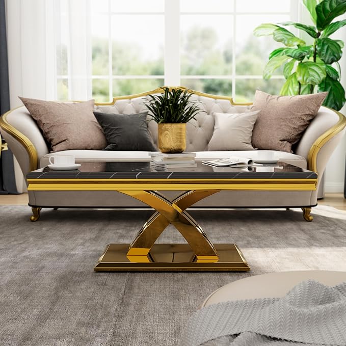 AUZ 3 Pieces Black Gold Living Room Table Set, Coffee Table and 2 End Side Table with X-Shape Design Polished Stainless Steel Frame
