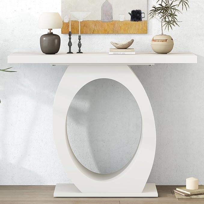 Modern Accent Table 39.4-Inch Wooden Entryway Console Table with Egg-Shaped Base for Living Room Bedroom Hallway Furniture, Beige