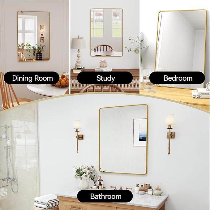 24x36 Mirror Rectangle Full Length Wall Mounted or Against Wall Aluminum Alloy Metal Frame Dressing Mirrors for Entryway Bedroom Bathroom Living Room 36x24 inch Gold