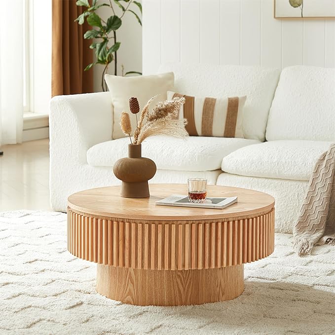 Round Coffee Table for Living Room,Fluted Drum Accent Tea Center Table with Storage,Circle Modern Coffee Tables for Small Space Office Apartment (31.5" L×31.5''W×14''H-Natural)
