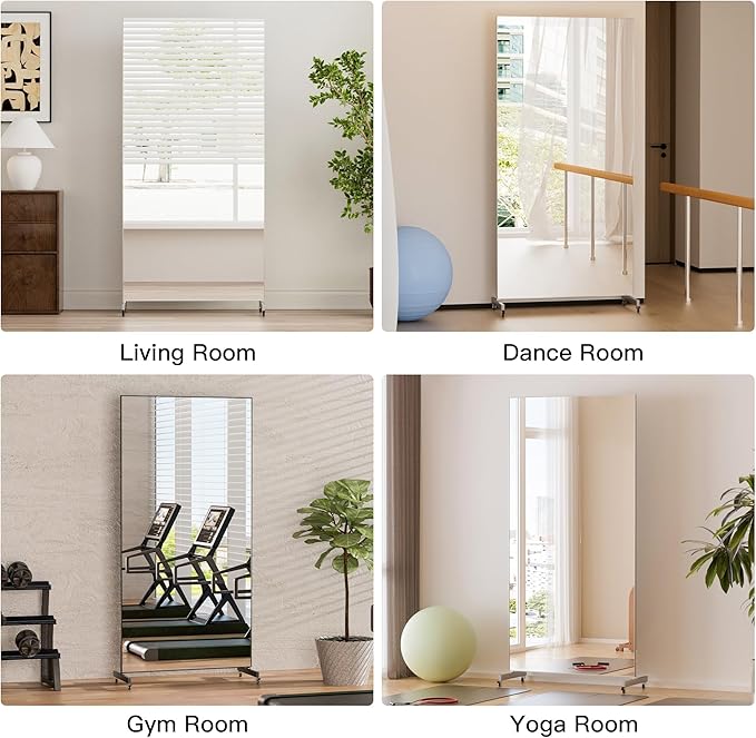 brisafe 67"x28" Ultra-Light Mobile Floor Mirror with 360° Wheels, 0.04mm Shatterproof Nano Film for Home Gym/Yoga/Dance Studio & Commercial Use | 60% Insurance Savings | Black