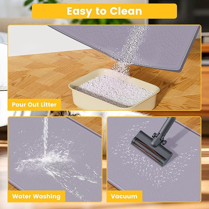 Cat Litter Mat, 38"X25" Large Litter Box Mat, Waterproof and Easy to Clean Silicone Cat Mat for Litter Box, Mat Litter Trapping Mat for Scatter Control, Keep the Floor Clean (Gray)