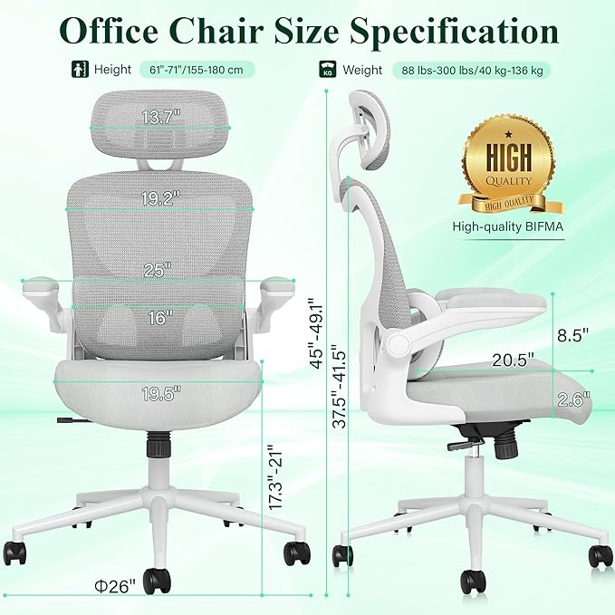SUNNOW Ergonomic Office Chair, Comfy Mesh Desk Chair, High Back Computer Gaming Chairs with Adjustable Lumbar Support, Flip-Up Arms, Headrest, Tilt Function, Wide Cushion, Swivel Wheel, BIFMA Quality