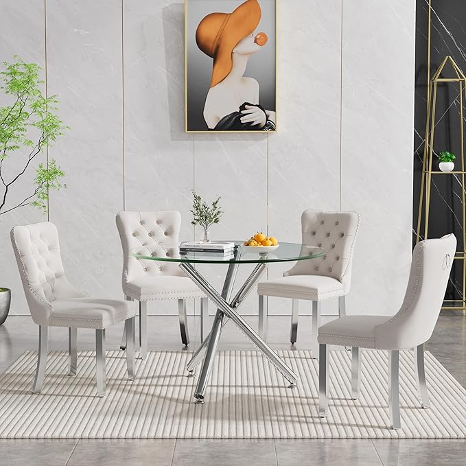 36" Round Glass Dining Room Table for 4 with Tempered Glass Top and Silver Chrome Metal Tube Legs, Modern Clear Kitchen and Dinner Table for Home Office Dining Room