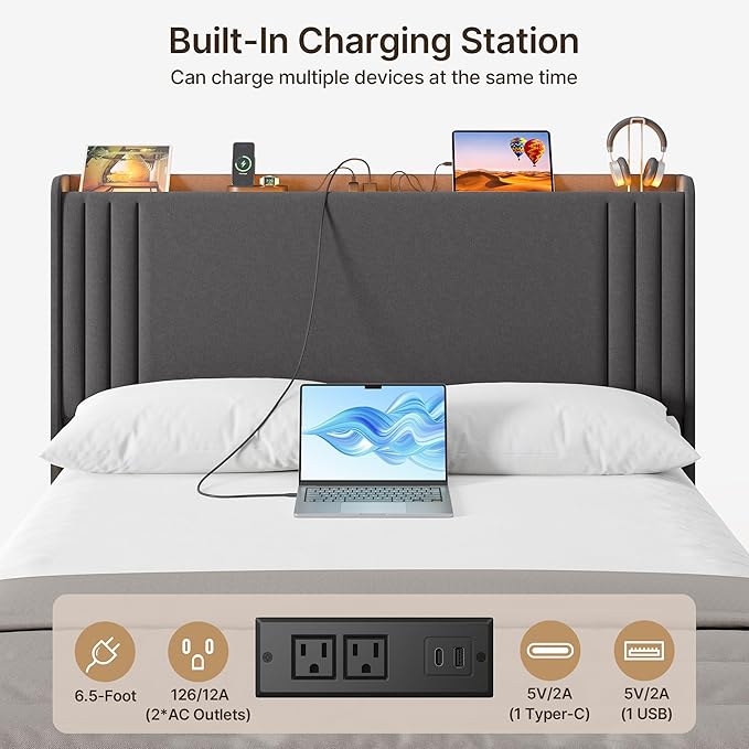 Gizoon Queen Bed Frame with Charging Station and LED Lights,Upholstered Wingback Platform Bed with Wooden Slats,Noise-Free,No Box Spring Needed