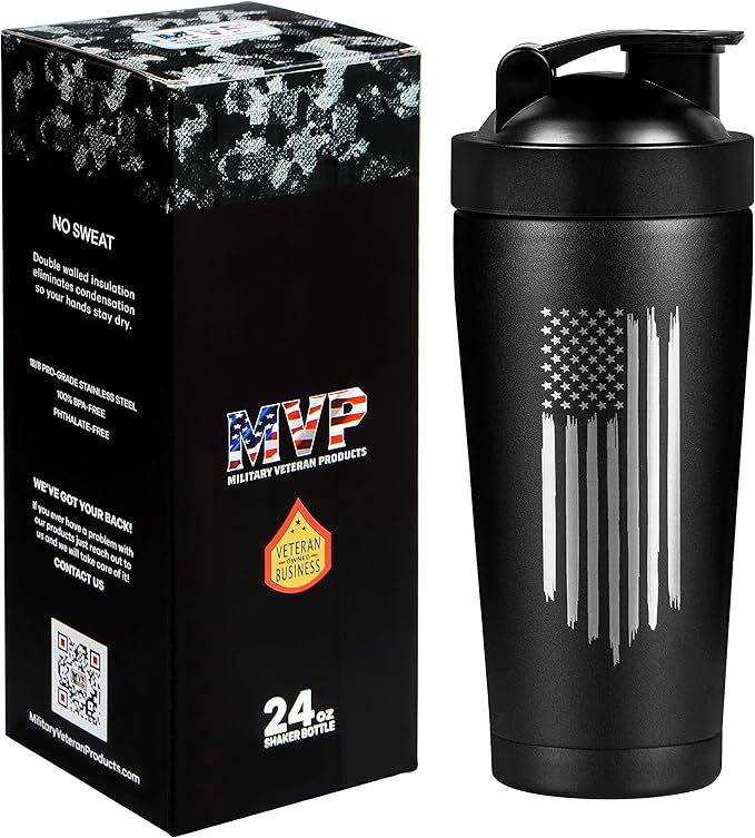 Military Gift Shop 24oz American Flag Insulated Shaker Bottle with Engraved Torn USA Flag Design with Ball | American Flag Gifts | Flag Shaker Cup