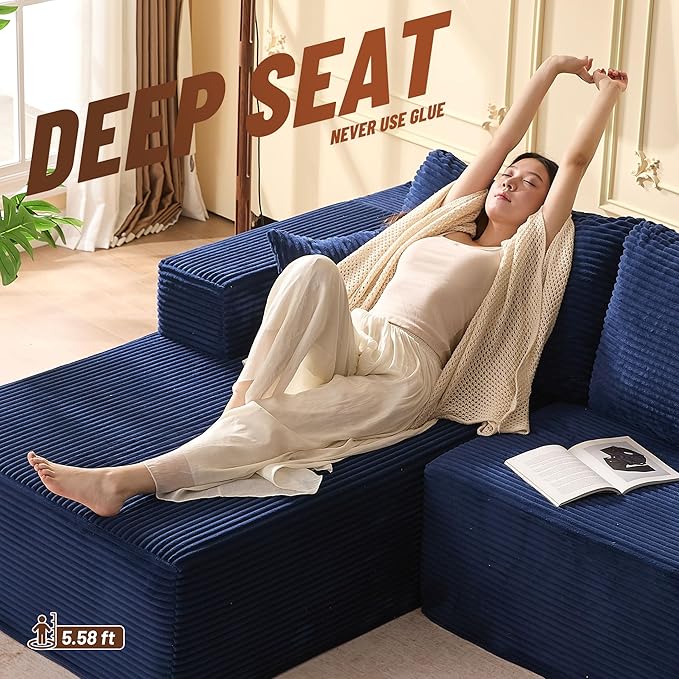 138" Boneless Couch with Deep Seat, Modular Sectional Sofa, Cloud Sectional Couch for Living Room, No Assembly Required, Corduroy, 4 Seater L-Shape Left, Blue