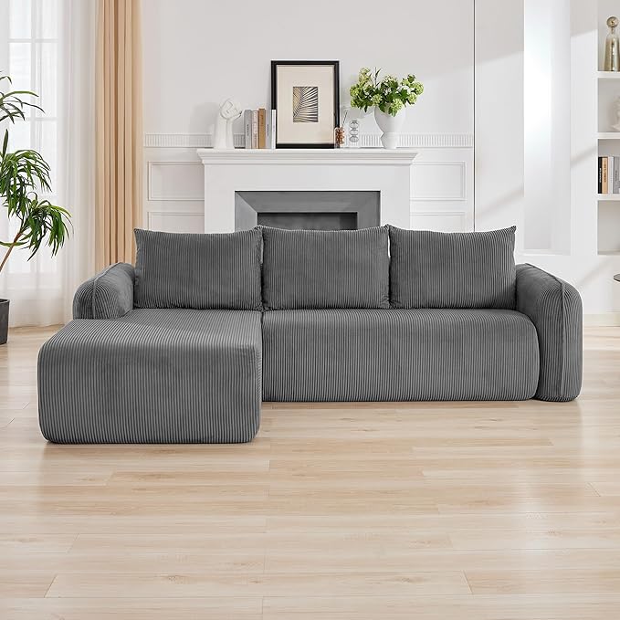 103'' Boneless Corduroy L Shaped Couch, 3 Seat Modular Sectional Deep Seat Sofa with Chaise Lounge, No Assembly Cloud Lounge Sleeper Sofa, Grey