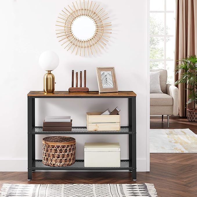 VASAGLE 40" Industrial Console Table, 3 Tier Entryway Table with Storage Shelf, Narrow Sofa Tables for Living Room, Hallway, Entrance Hall, Corridor, Bedroom, Rustic Brown and Black ULNT81BX