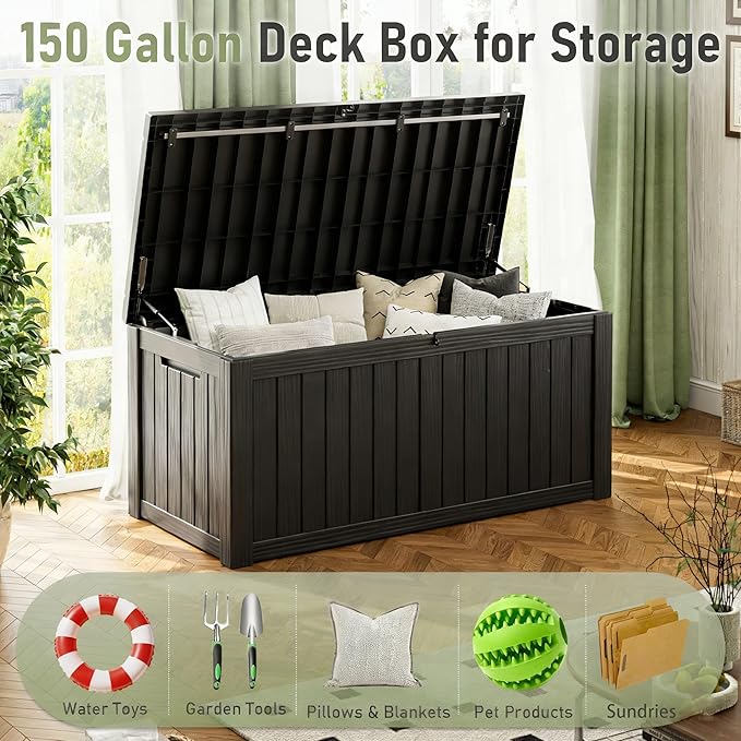 Outdoor Storage Box, Resin Deck Boxes Indoor and outdoor, Waterproof Storage Box Lockable Lid (Black, 150 Gallon)
