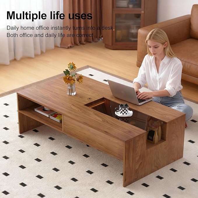Modern Wood Coffee Table with LED Lights, 51.18" Rectangular Living Room Center Table with Glass Display, Hidden Compartment & Open Storage Shelves, Contemporary Coffee Table for Home Décor