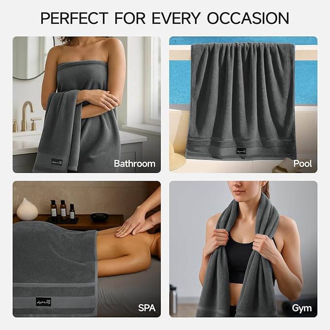 REDKISS 2 Pack Large Bath Towels Set, 100% Cotton, 31x63 in, Heavyweight 760G, Highly Absorbent & Quick Dry, Super Soft Luxury Towels for Bathroom,Hotel Collection - Deep Gray