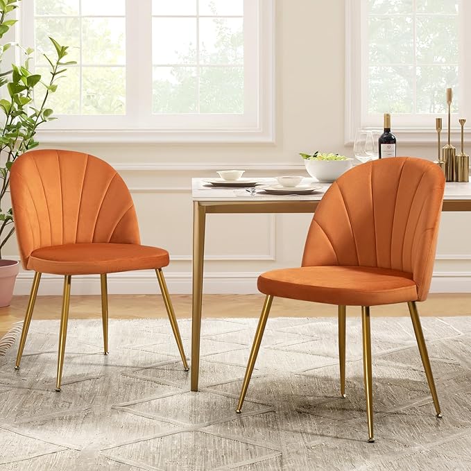 Velvet Dining Chairs Set of 6, Upholstered Mid Century Modern Dining Chairs, Armless Accent Chair with Metal Gold Legs for Living Room, Kitchen, Dining Room, Orange