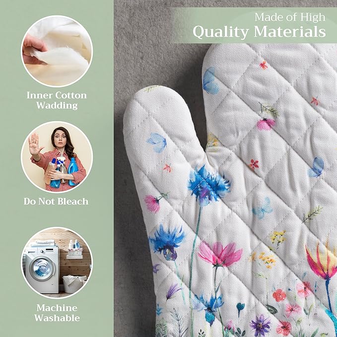 Maison d' Hermine Oven Gloves 100% Cotton Oven Mitt 7" x 13" with Loop Heat Resistant, BBQ, Cooking Gloves, Baking, Grilling, Kitchen, Handling Hot Pans Spring/Summer (Pack of 1, Flower in The Field)