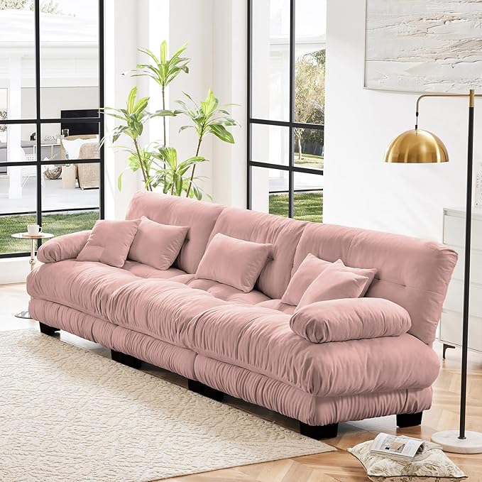 133.8" Oversized Couch, 3 Seater Modular Sectional Sofa, Pink Large Fluffy Chenille Cloud Couch with 5 Pillows, Deep Seat Sofas for Living Room