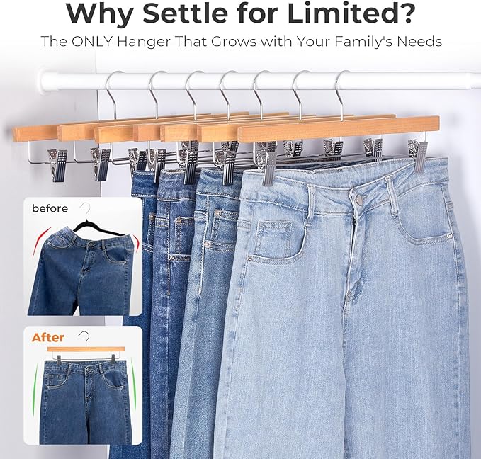 HOUSE DAY Premium Wooden Pants Hangers 50 Pack, Solid Lotus Wood Skirt Hangers with 2-Adjustable Clips, Heavy Duty & Anti Slip Wood Bottom Hanger for Slacks, Jeans, Trousers, Shorts (Natural)