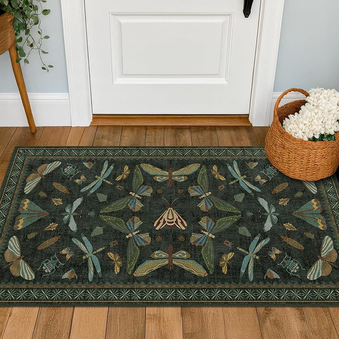 2x4 Entry Way Rugs Indoor - Dark Green Putdoor Rug for Kitchen, Bathroom, Insect Boho Design, Washable Non Slip Stain Resistant