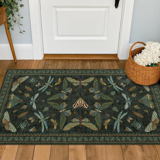 2x4 Entry Way Rugs Indoor - Dark Green Putdoor Rug for Kitchen, Bathroom, Insect Boho Design, Washable Non Slip Stain Resistant