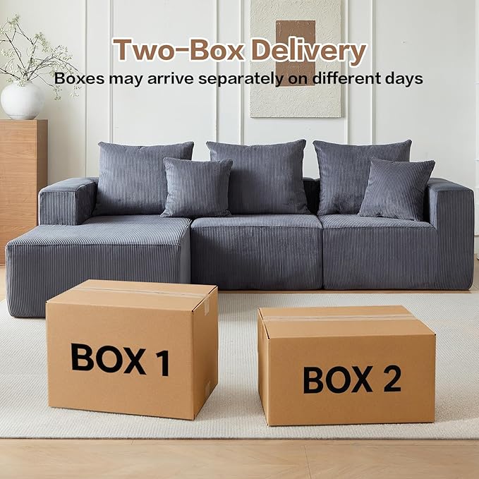Boneless Couch, 101" Corduroy Couch with Deep Seat, Modular Sectional Sofa in a Box, Memory Foam Compressed Sofa for Living Room (Grey)