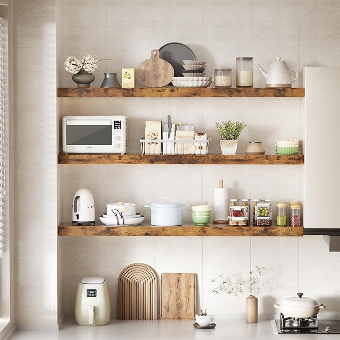 Colima Bathroom Floating Shelves for Wall, 36" Floating Wall Mounted Shelf, Rustic Wood Storage Display Shelves for Home Organization, Bathroom, Kitchen, Living Room (Set of 3, Rustic Brown)