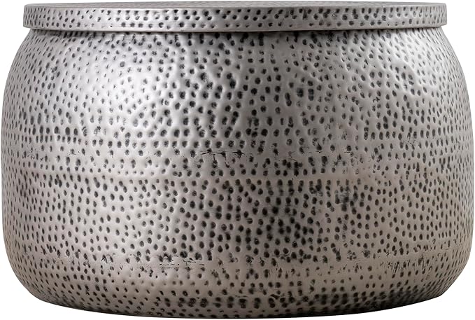 Albany Living Modern Round Aluminum Hammered Embossed Texturing, Metal Drum Coffee Table with Removable Lid for Storage,Fully Assembled, for The Living Room and Bedroom, Gray